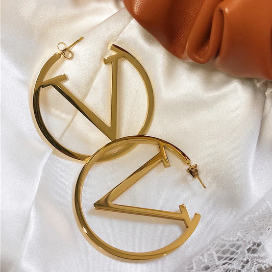 V Letter Circle Hoop Earrings