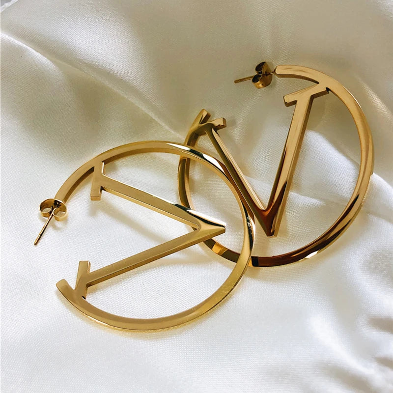 V Letter Circle Hoop Earrings