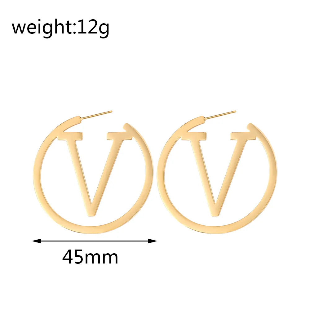 V Letter Circle Hoop Earrings